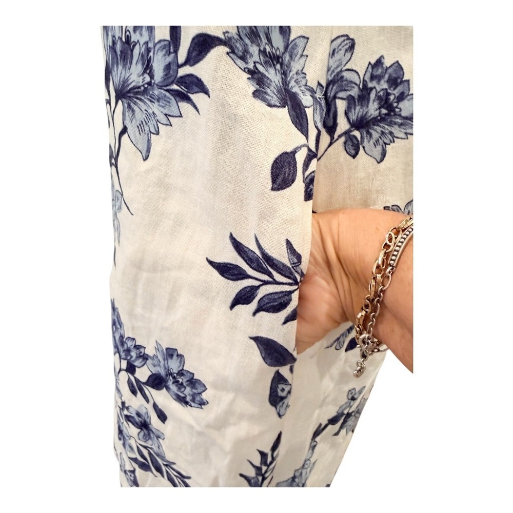 Connected Apparel Floral V Neck Linen Blend Midi Dress‎ Size 6 White Blue - Picture 6 of 9